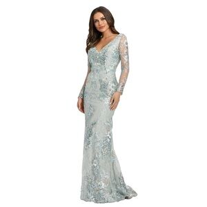 MAC DUGGAL embellished v-neck illusion long sleeve floral gown 6 NWT